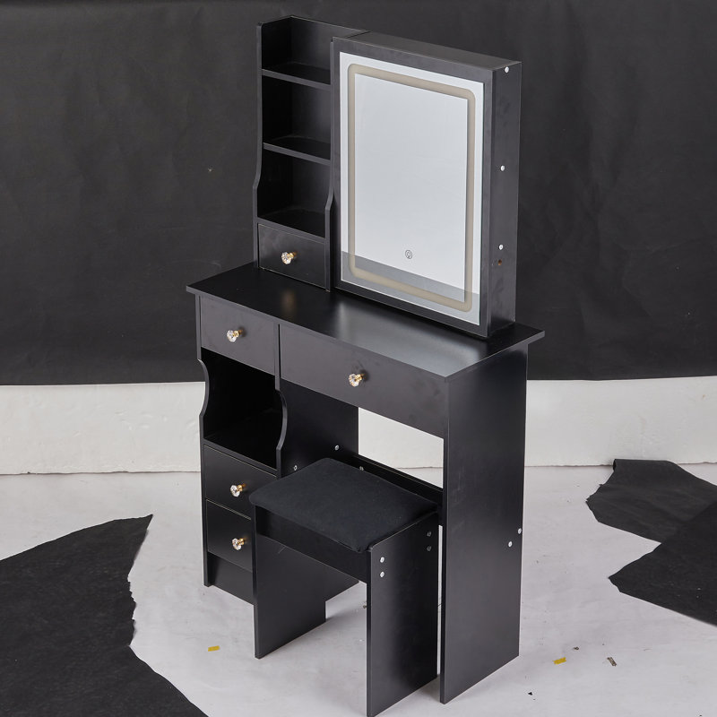 29.2" Small Size Left Drawer Desktop Vanity Table + Cushioned Stool