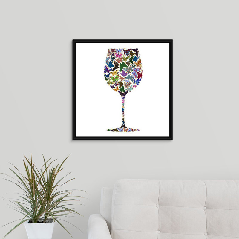« wine glass party i », peinture sur toile, H 21,7 po x l 21,7 po x p 1,75 po, Cadre flottant noir
