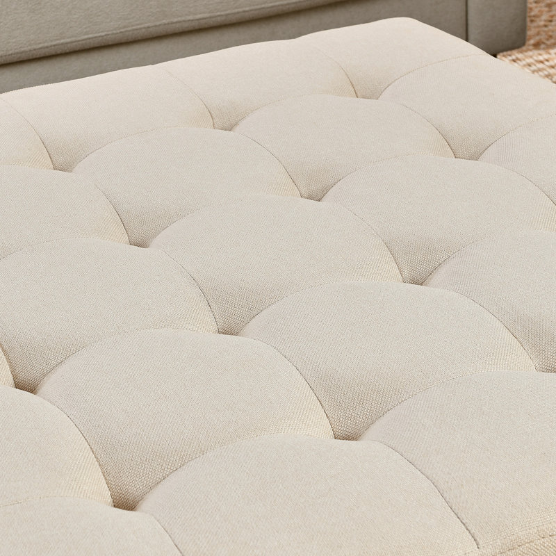 Upholstered coffee table ottoman | tufted linen | beech wood shelf & frame | large square footrest | ivory | versatile