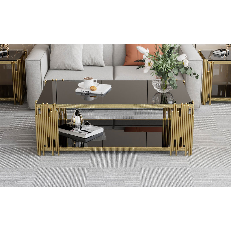 Table basse rectangulaire à 2 niveaux en verre trempé L 51 po x l 27,5 po Tonasia