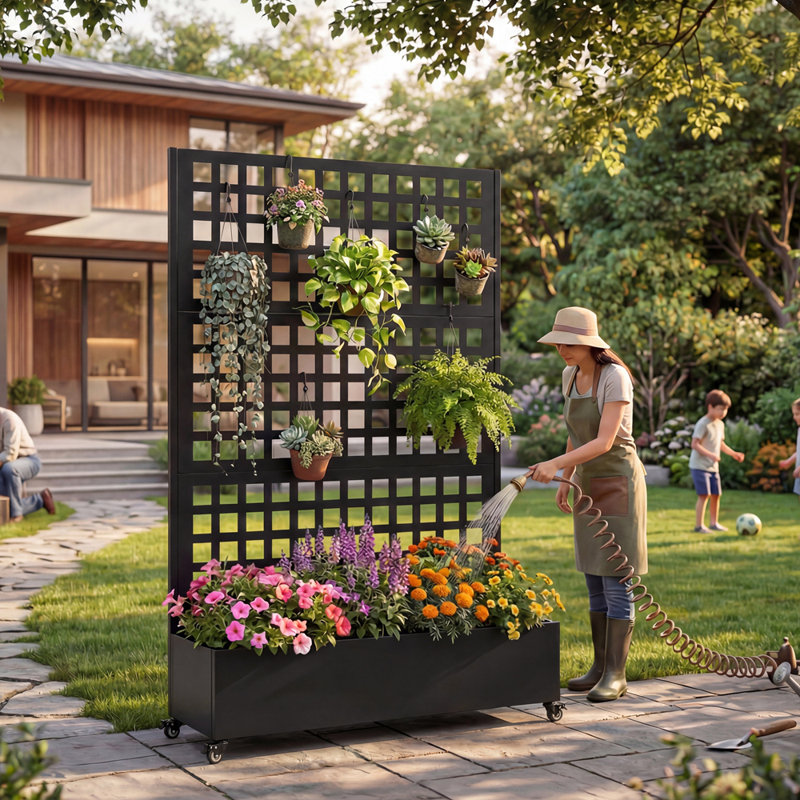 Lit de jardin surélevé en métal avec roues et treillis, pot à fleurs 73 po x 47 po x 16 po pour plantes grimpantes, légumes et vignes, avec écran d'intimité et trous de drainage