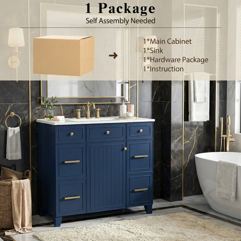 Zorindale 36" Green Bathroom Vanity, Ceramic Top, Solid Wood Frame, Blue
