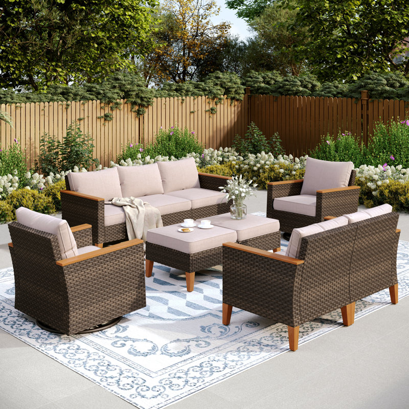 Argyri Outdoor Wicker Patio Conversation Furniture Set With Swivel Chairs And Firepit Table, No