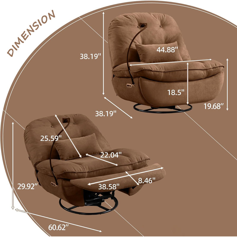 Rhowyn Power Ergonomic Recliner 360 Degree Swivel Glider Sofa, Brown 100% Polyester