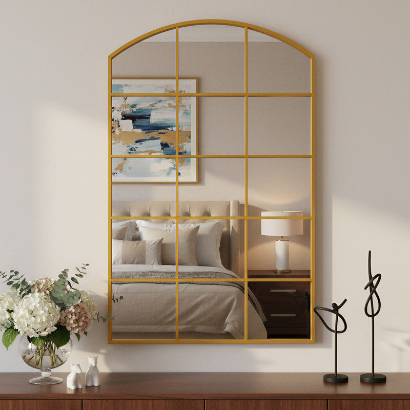Arched  grid right-angle wall mirror, gold  and  black , for Living Room, Bedroom, Entryway, Gold, 38.98" x 26.97"