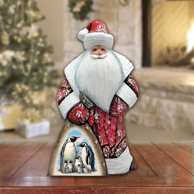 Penguin's Family Santa In Red Hand-Painted Wood Carved Masterpiece By G. Debrekht