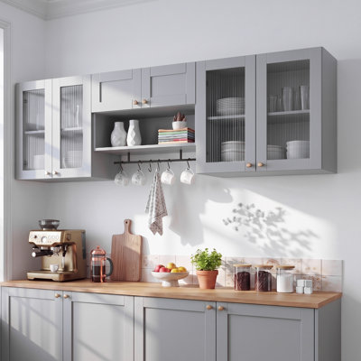 Wall Mounted Cabinet Set with Glass Doors, Hanging Rod and Adjustable Shelves for Laundry, Bathroom or Kitchen
