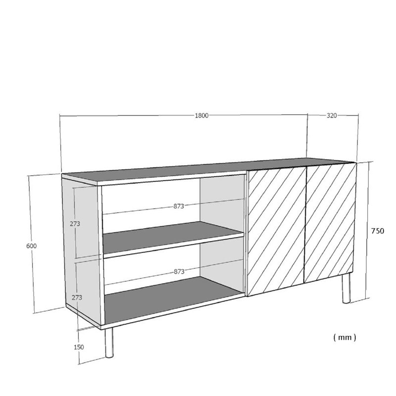 Console Adams avec option de fixation murale, blanc et or, 70,9 po x 29,5 po x 12,6 po | 100% panneau de particules enduit de mélamine, épaisseur: 0,7 pouce | Plusieurs tablettes, conception géométrique glamour pour des espaces élégants