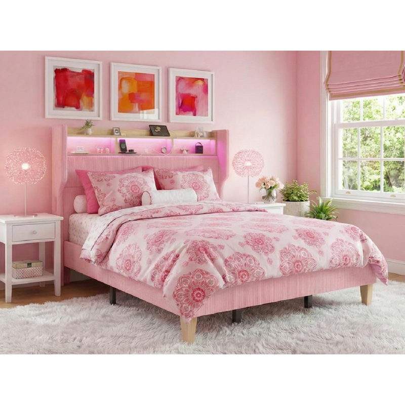 Structure de lit double avec tête de lit à oreilles en velours côtelé de 51 po de hauteur et tablette de rangement, lit plateforme tapissier avec lumières DEL et station de charge, aucun sommier nécessaire, assemblage facile, rose