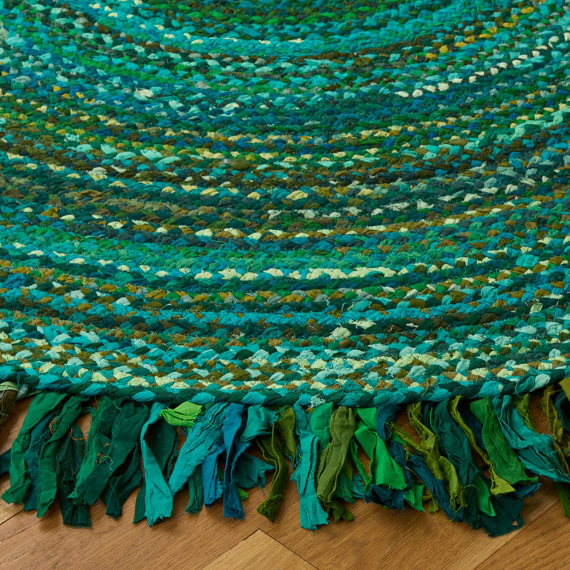 Kellems Solid Color Handwoven Cotton Area Rug in Green, Oval 3' x 5'