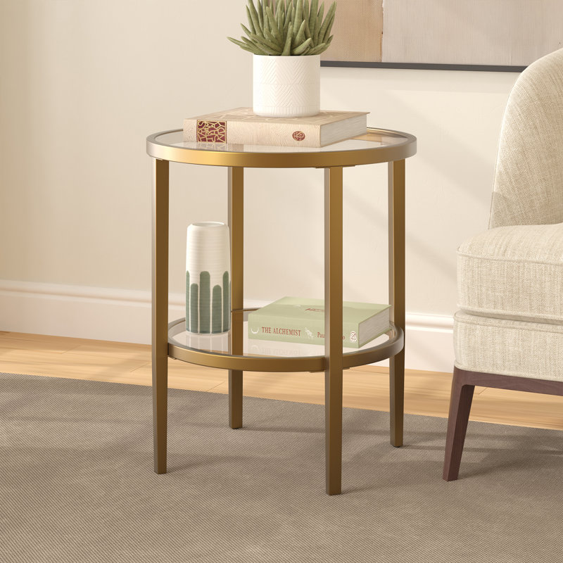 Table d'appoint ronde 19,63 po avec tablette en verre transparent Hera, Laiton