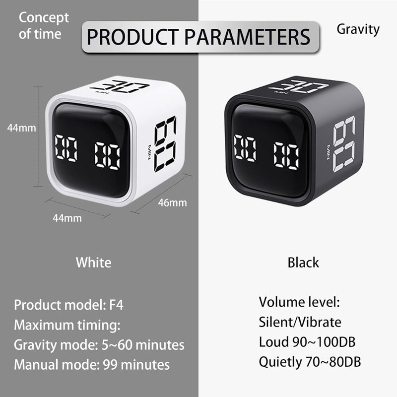 Cube Timer,Rotation Timer,5/10/30/60 Minutes And Custom Countdown,Productivity Timer,Pause And Resume,Silent,Vibrate And Adjustable Sound Alarm For Tasks,Work,Study,Kitchen (F4, Black)