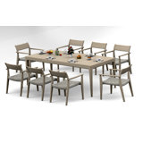 8 Seats 9 Pcs Grade-A Weathered Teak Wood Dining Set: 84" Amilo Rectangle Table And 8 Amilo Stacking Arm Chairs #11AM3108