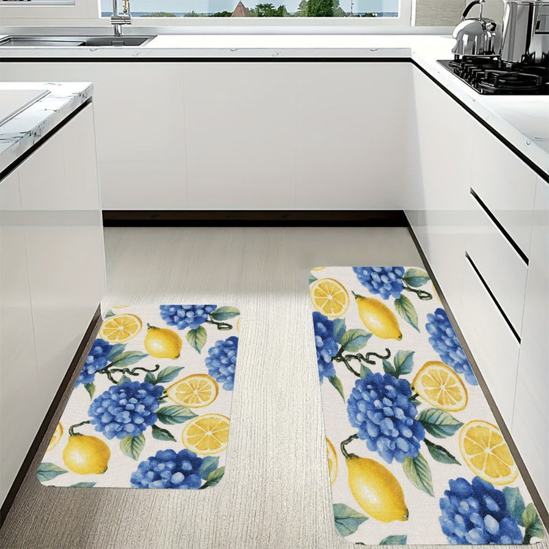 Tapis de cuisine antidérapant 2 pièces citron et bleu Hortensia