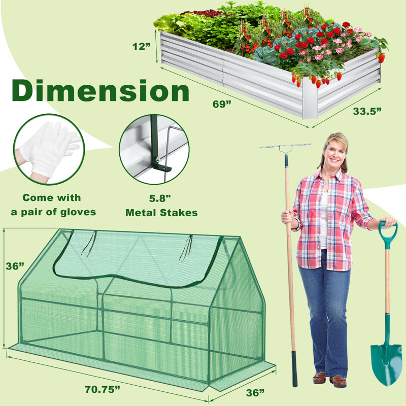 Potager surélevé en métal galvanisé Denishia 1,8 x 0,9 x 0,9 m avec housse de serre, Vert, 1
