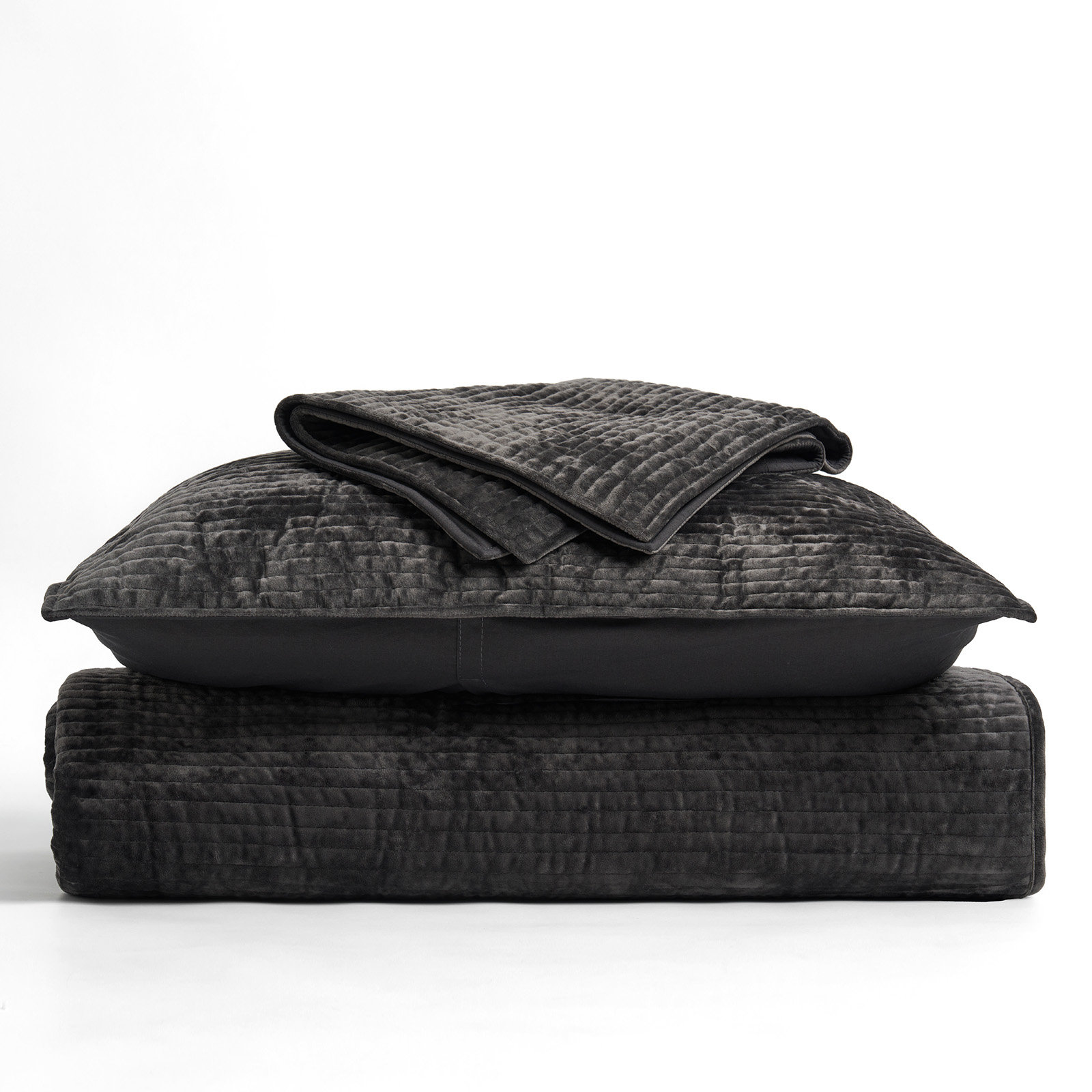 Striped Channel Velvet Quilt Set, Washed Black, King