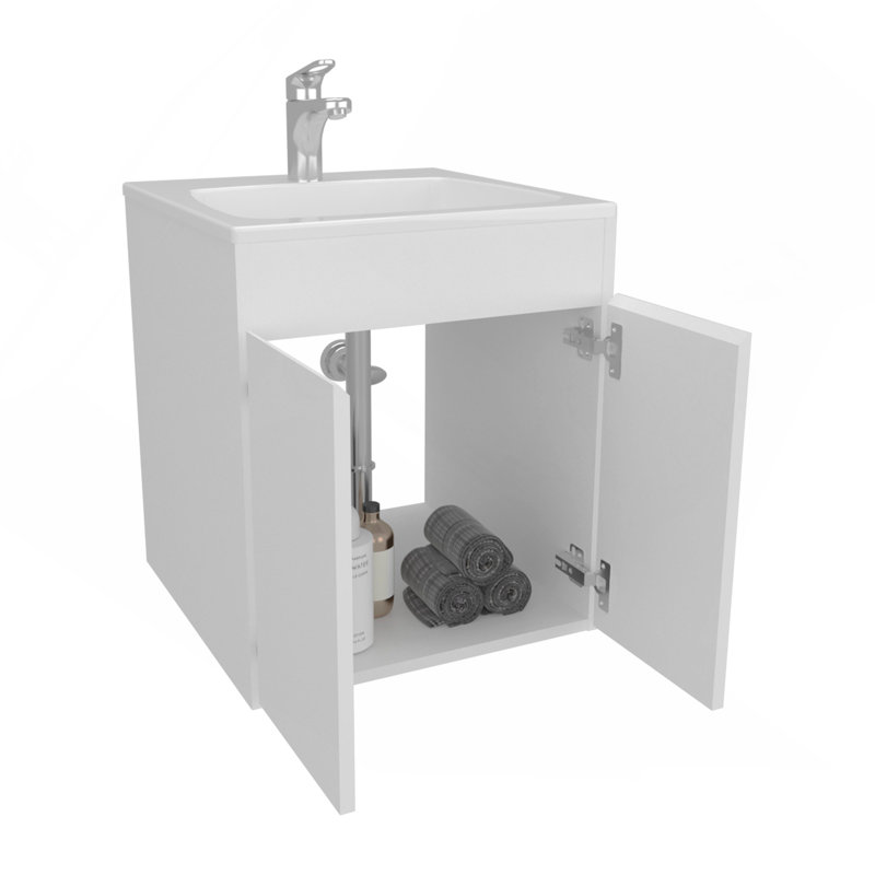 Meuble-lavabo de salle de bain Mek45 avec deux tiroirs et tablette ouverte, rangement mural, blanc