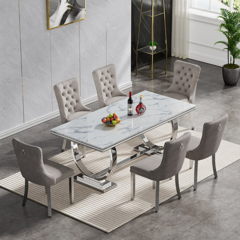 Luxury 68" Dining Table Set for, White Faux Marble Dining Table with Velvet Dining Chairs, Modern Kitchen Table and Chairs Set, Luxury Dining Table Set for Kitchen Dining