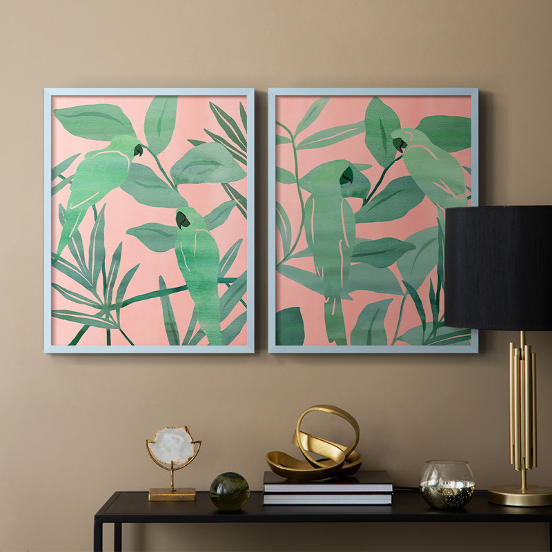 Oiseaux de paradis rose et vert, reproduction encadrée de qualité supérieure - prête à être accrochée - aucun clou requis - aucun clou requis
