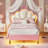 Bed Frame With Led Lights, Girls Full Bed With Princess Crown, Led Velvet Upholstered Platform Bed Frame With Adjustable Headboard, No Box Spring Needed-2083752672