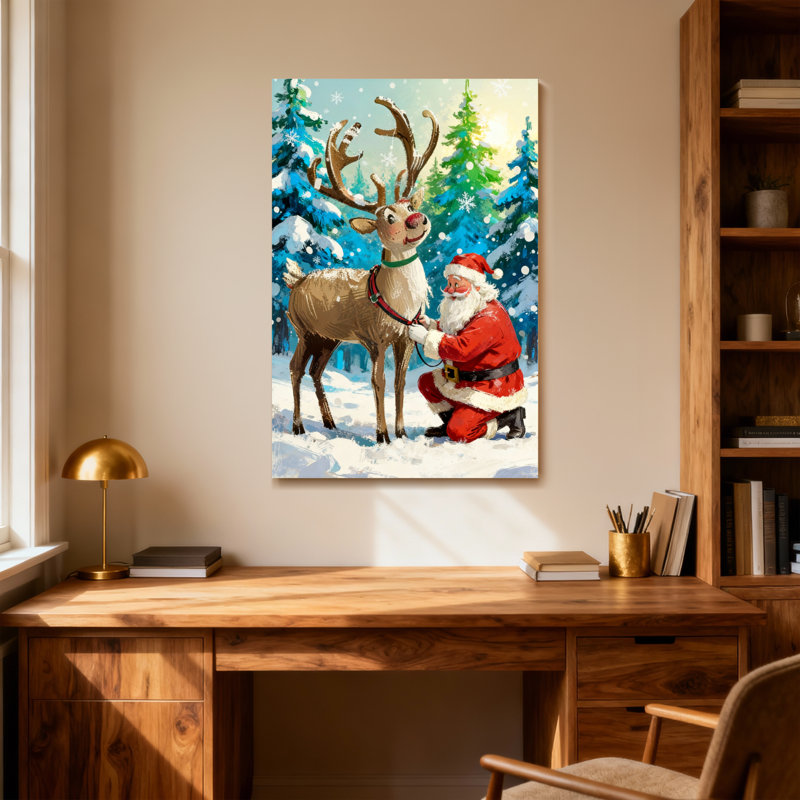 Noël, père Noël et renne dans la forêt enneigée, H 18 po x l 12 po