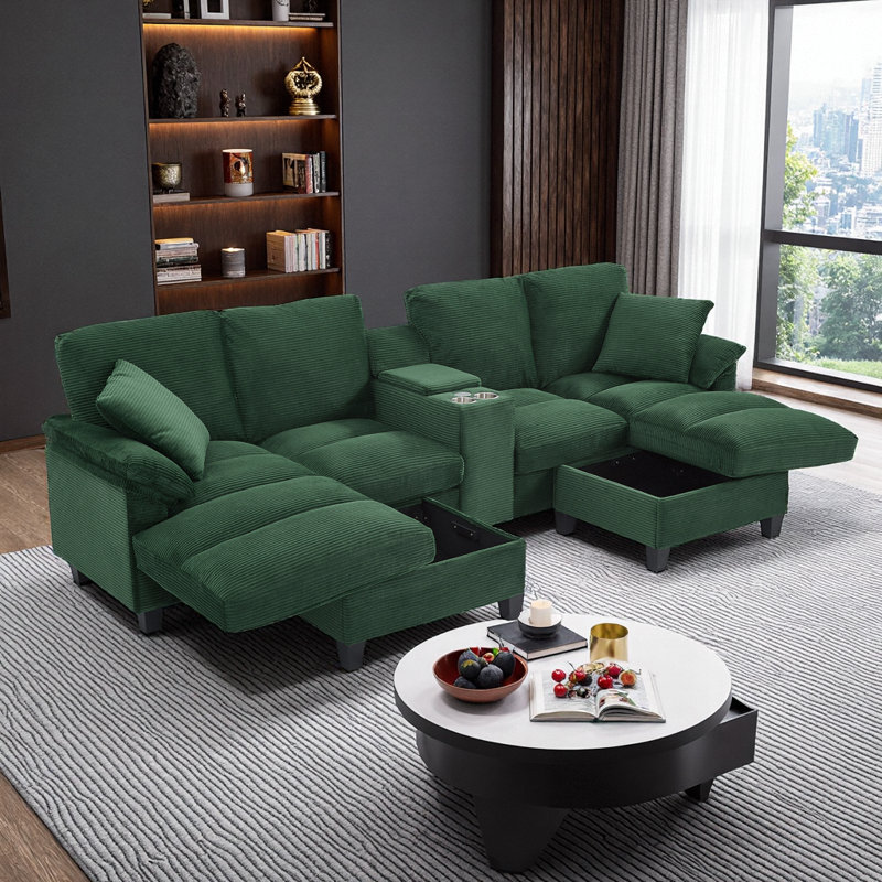 Canapé modulaire moderne en forme de U avec repose-pieds, porte-gobelets et ports USB, 116,9 po, Vert