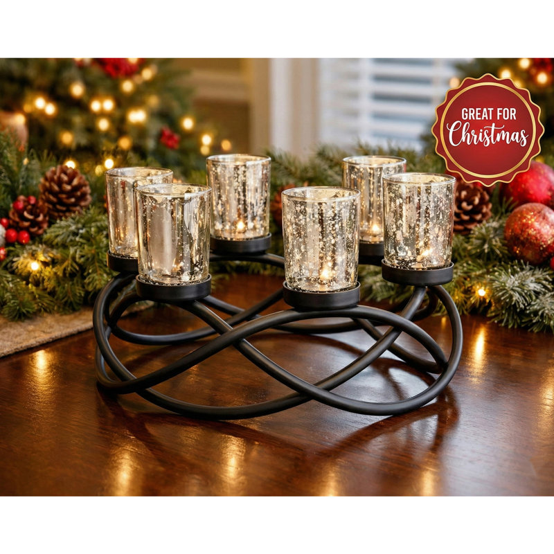 Round Table Votive Candle Holder Centerpiece, Black/Silver