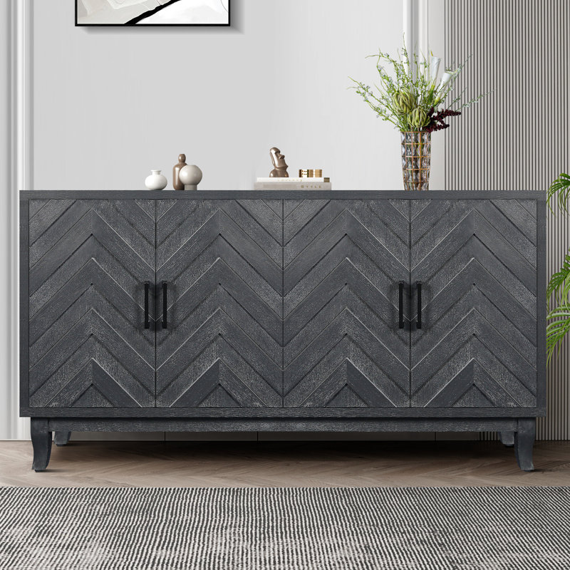 Armoire de rangement en bois de style rétro à 4 portes avec finition gris taupe et tablettes réglables à l'intérieur
