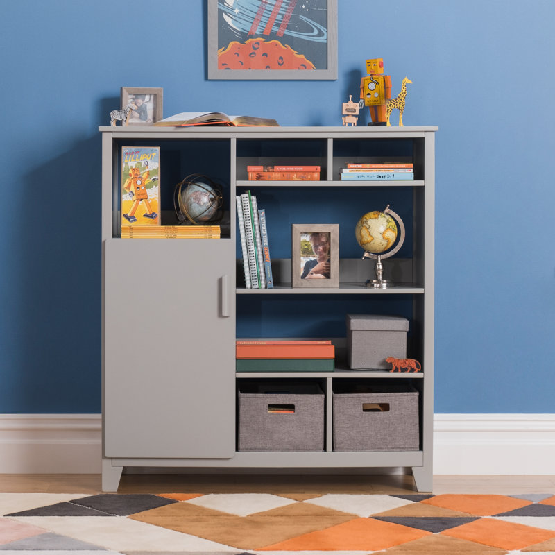 Gray Kids' Media Shelf with Fabric Bins and Cubby Cubes