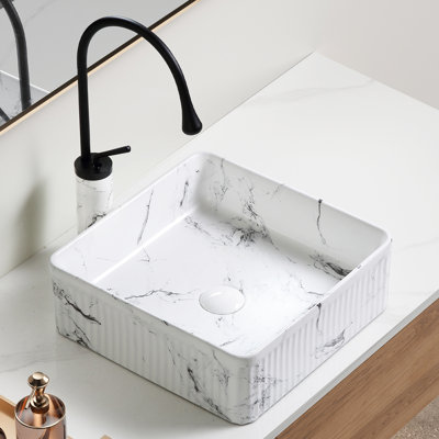 Lavabo vasque de salle de bain en marbre 14,98 po x 5,12 po, porcelaine, lisse et noir blanc filtrant les débris au-dessus du comptoir 15 po