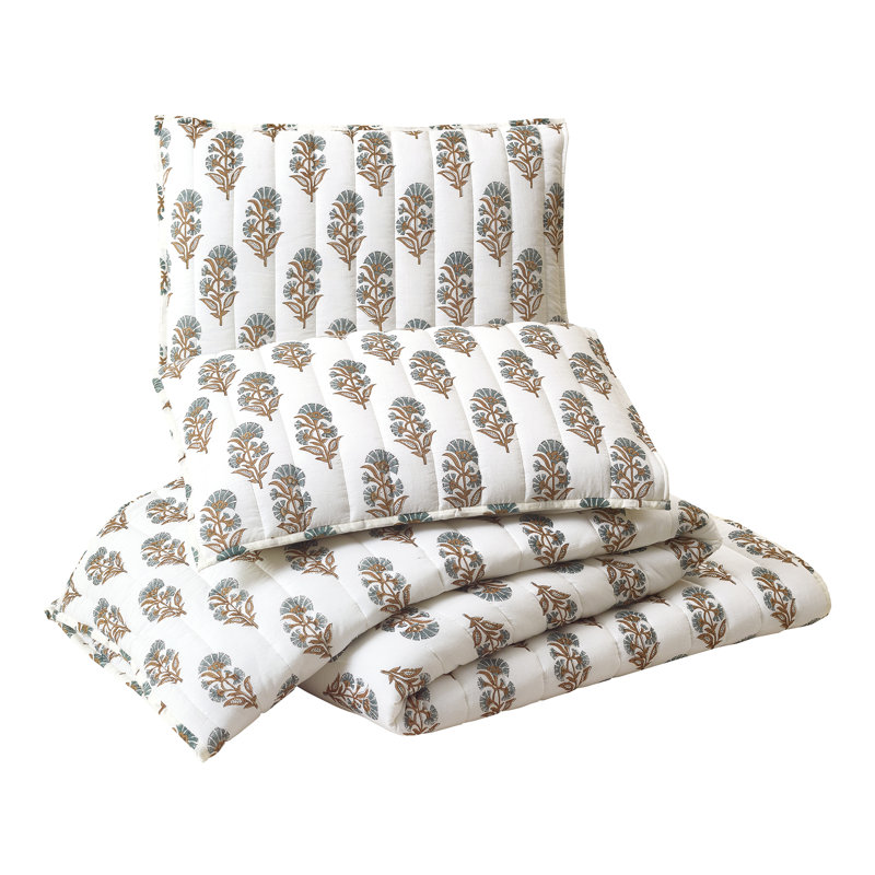 Mughal Flower Block Print 3-Piece Quilt Set, Queen Quilt + 2 Standard Pillow Shams