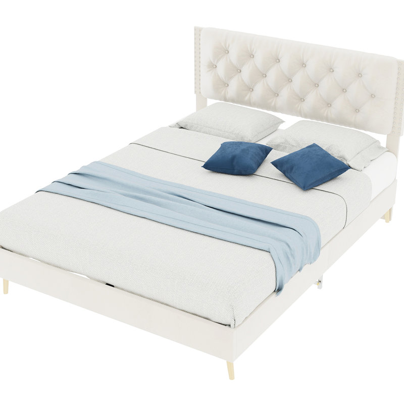 Lit double, beige, structure de lit tapissier, bois de peuplier, revêtement en velours, lit douillet, structure bien conçue, retraite personnelle, tête de lit, lecture, détente, remplacement facile du matelas