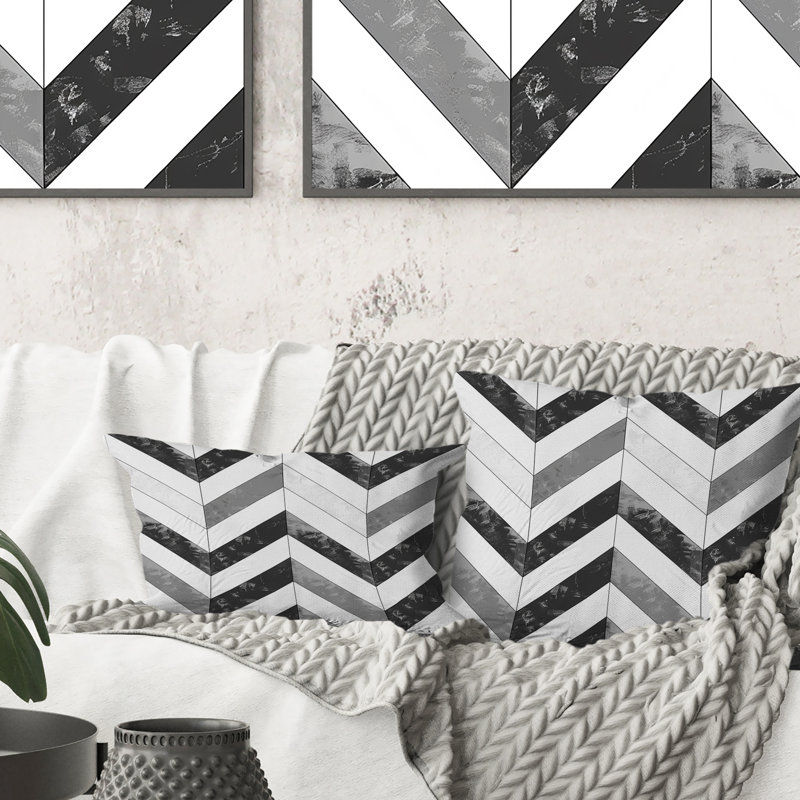 Motif à chevrons gris et blanc - Coussin décoratif moderne, H 16 po x l 16 po