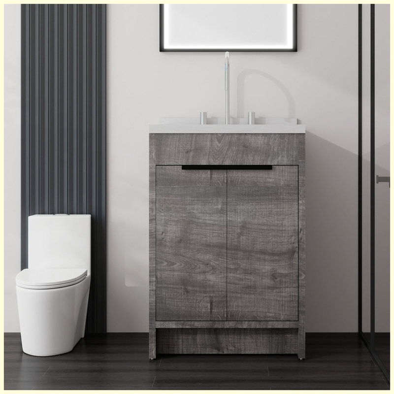 24 pièces de meuble-lavabo autoportant avec lavabo, comptoir et dosseret en marbre de culture blanc Carrara 2 po, porte en contreplaqué à fermeture en douceur, gris