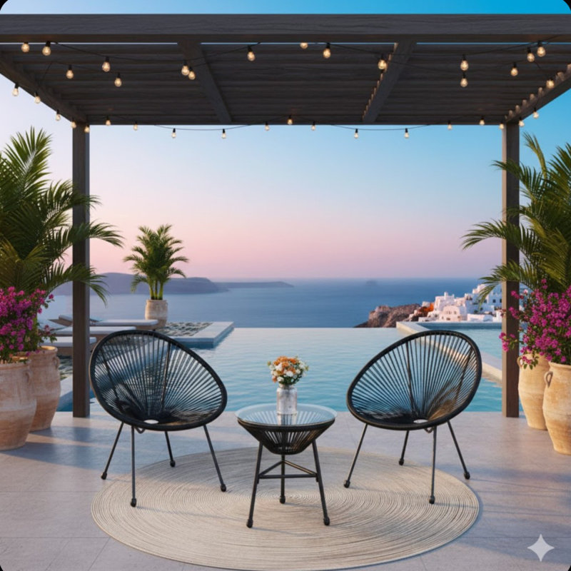 3-Piece Acapulco Wicker Patio Bistro Set With 2 Black Chairs & Glass Table, Black