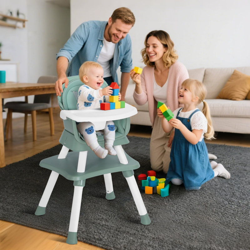 8 in 1 Baby High Chair, Coverts to Dining Booster Seat, Removable Tray & Double Seat Cover, Easy to Wipe, White, Green