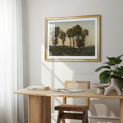 Paysage avec de grands arbres par une rivière - Henri Harpignies - reproduction encadrée avec passe-partout et verre début du 20e siècle