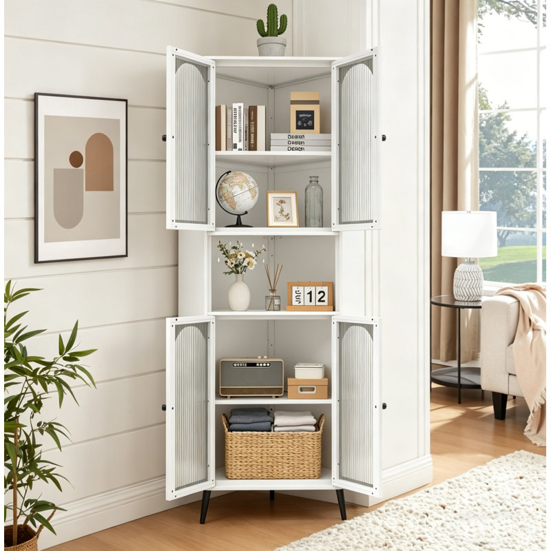 Armoire de rangement d'angle moderne, armoire de rangement en métal à 5 niveaux avec portes et tablettes.
