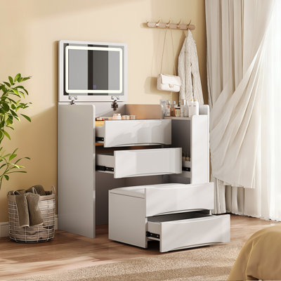 Bureau de coiffeuse à miroir 3 en 1 avec lumières et rangement, coiffeuse à maquillage avec DEL réglable, plateau coulissant latéral et tabouret, meuble peu encombrant pour la chambre à coucher (blanc)