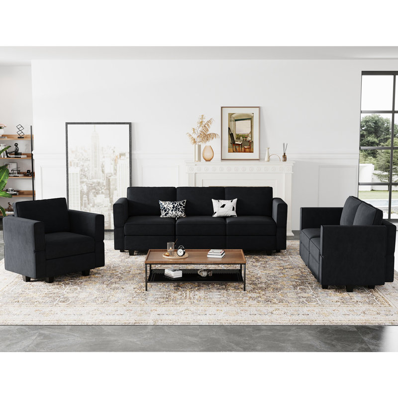 Ensemble de canapé modulaire en velours Ridoy, Velours noir
