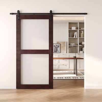 Homacer Red Mahogany 36in x 80in 2-Lite Glass Design Unassembled & Finished Barn Door with Non-Bypass Installation Hardware Kit, 6.6ft track, interior use only