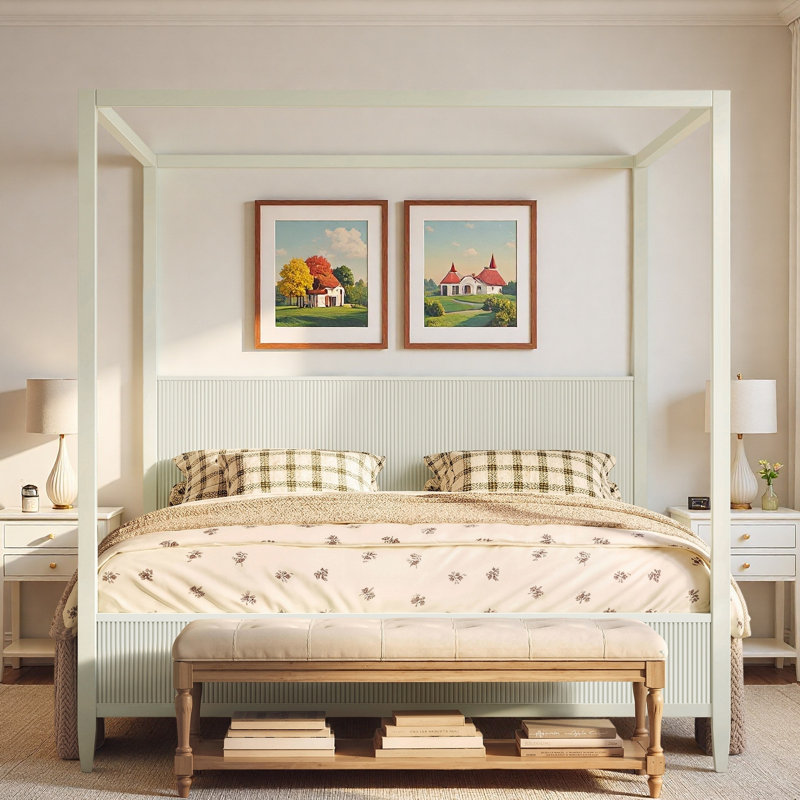 Wooden Canopy Platform Bed With Fluted Panel And Sturdy Legs, Beige, King