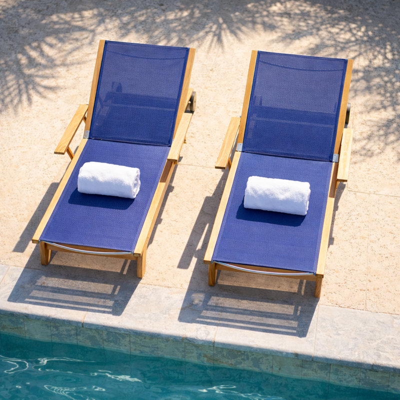 Maximilian Outdoor Teak Wood Chaise Lounge, Blue