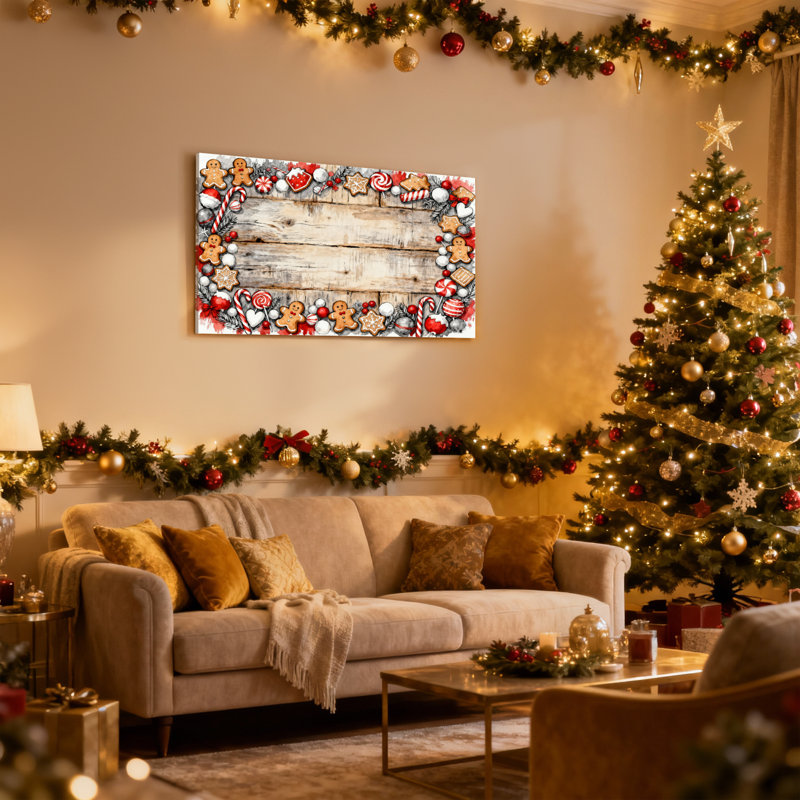Christmas Christmas Gingerbread Candy Frame Pattern Set of 3 Canvas Wall Art Prints, 12" H x 18" W