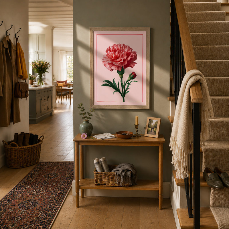 Pink Carnation Botanical - Framed Print, A4 - 29.7 x 21.0 cm, Oak