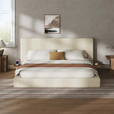 Upholstered Platform Bed Frame with Sliding Side Shelves and Low Profile Metal Slats
