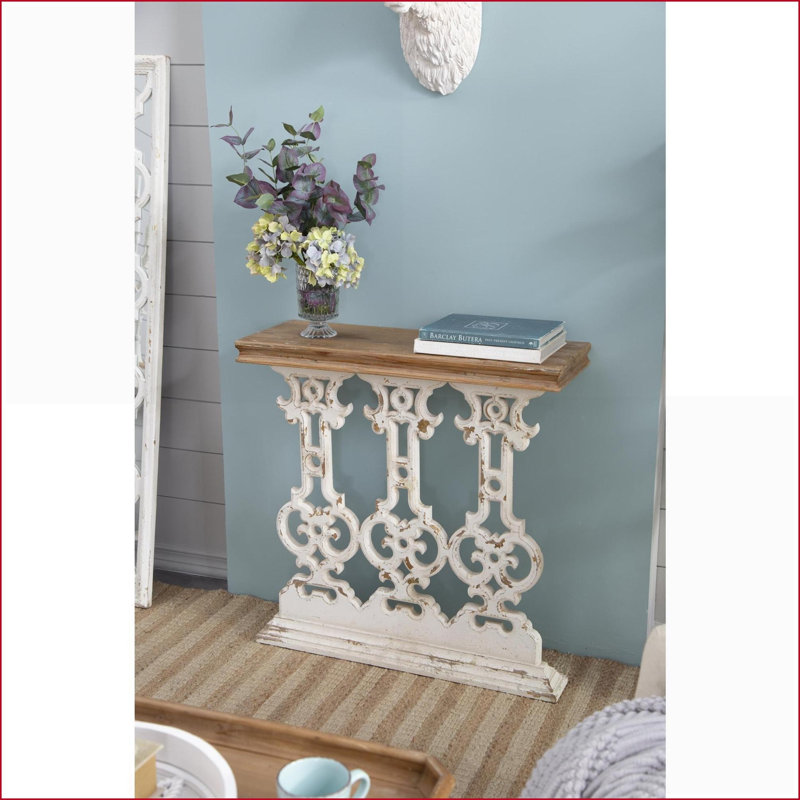 Table basse rétro blanc délavé avec volutes complexes, bois de sapin peu encombrant et panneau de fibres à densité moyenne pour le salon