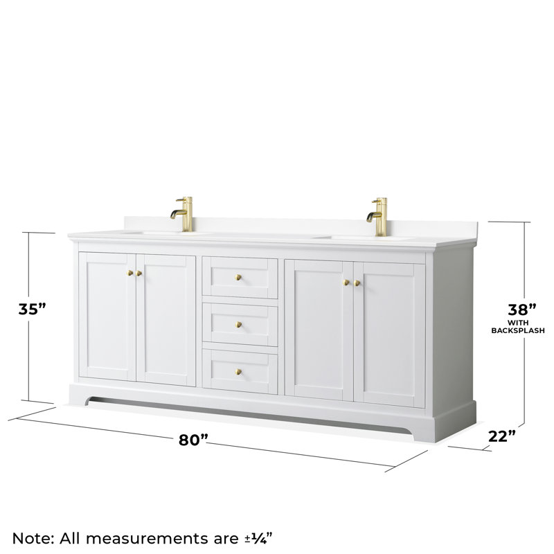 Ensemble de meuble-lavabo double 80 po Avery, Blanc, Marbre de culture blanc, Or brossé