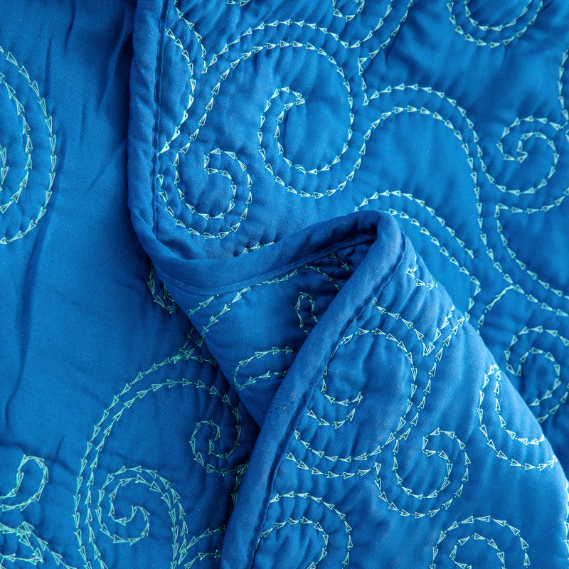 4 Piece Damask Oversized Embroidery Bedspread Set, Queen Quilt + 2 Queen Shams + Throw Pillow, Palace Blue