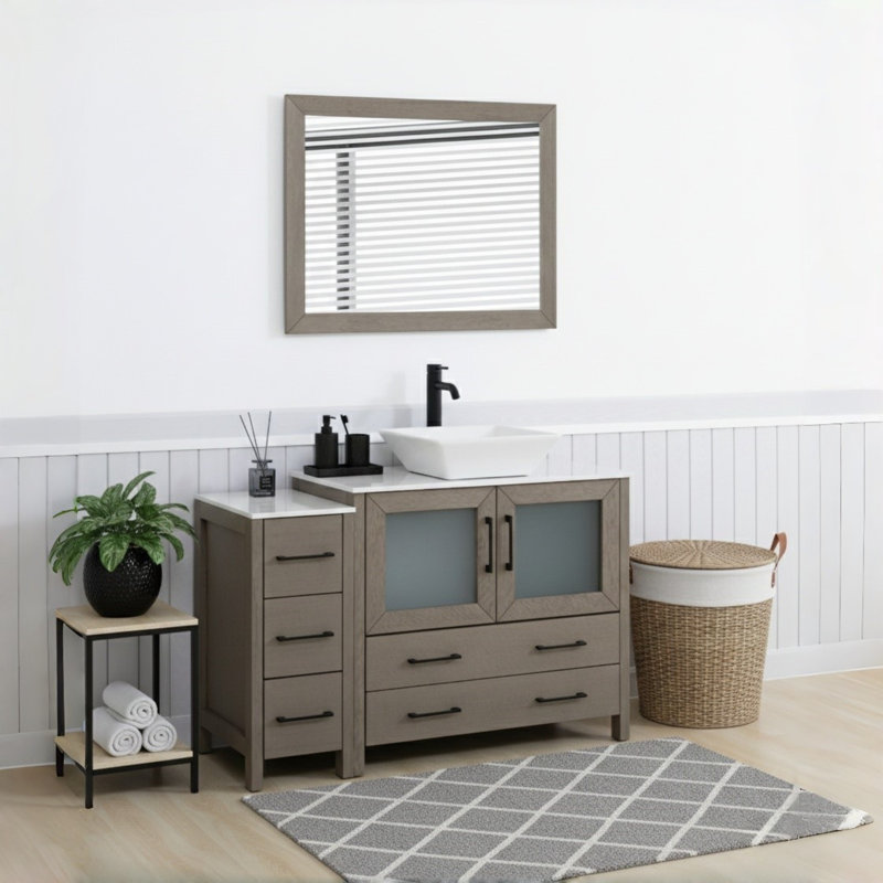 48" Single Bathroom Vanity with Engineered Marble Top with Mirror, Driftwood Grey